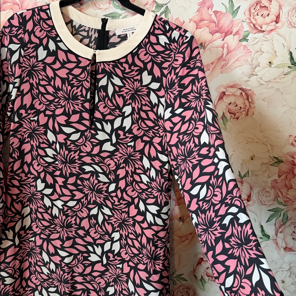 DOROTHEE SCHUMACHER Pink Black White Floral SILK Shift Dress size 2 - Picture 3 of 9